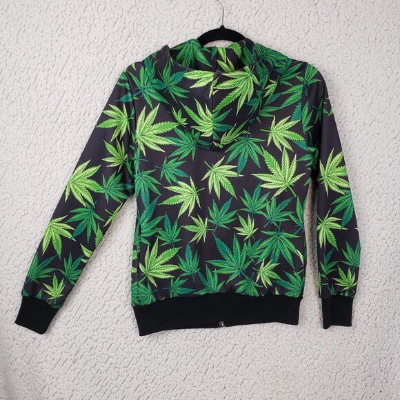 Peacocks Green Weed Leaf Hoodie S Black Green Zip Up Streetwear Y2K Skater 35x23 - Picture 2 of 8